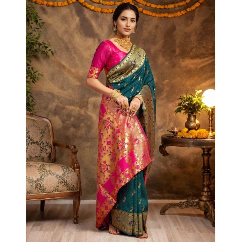 Generic Women's Silk Blend Zari Weaving Saree With Unstitched Blouse 5.5Mtr (Dark-Green) - MYLUXURY LANE ENTERPRISE